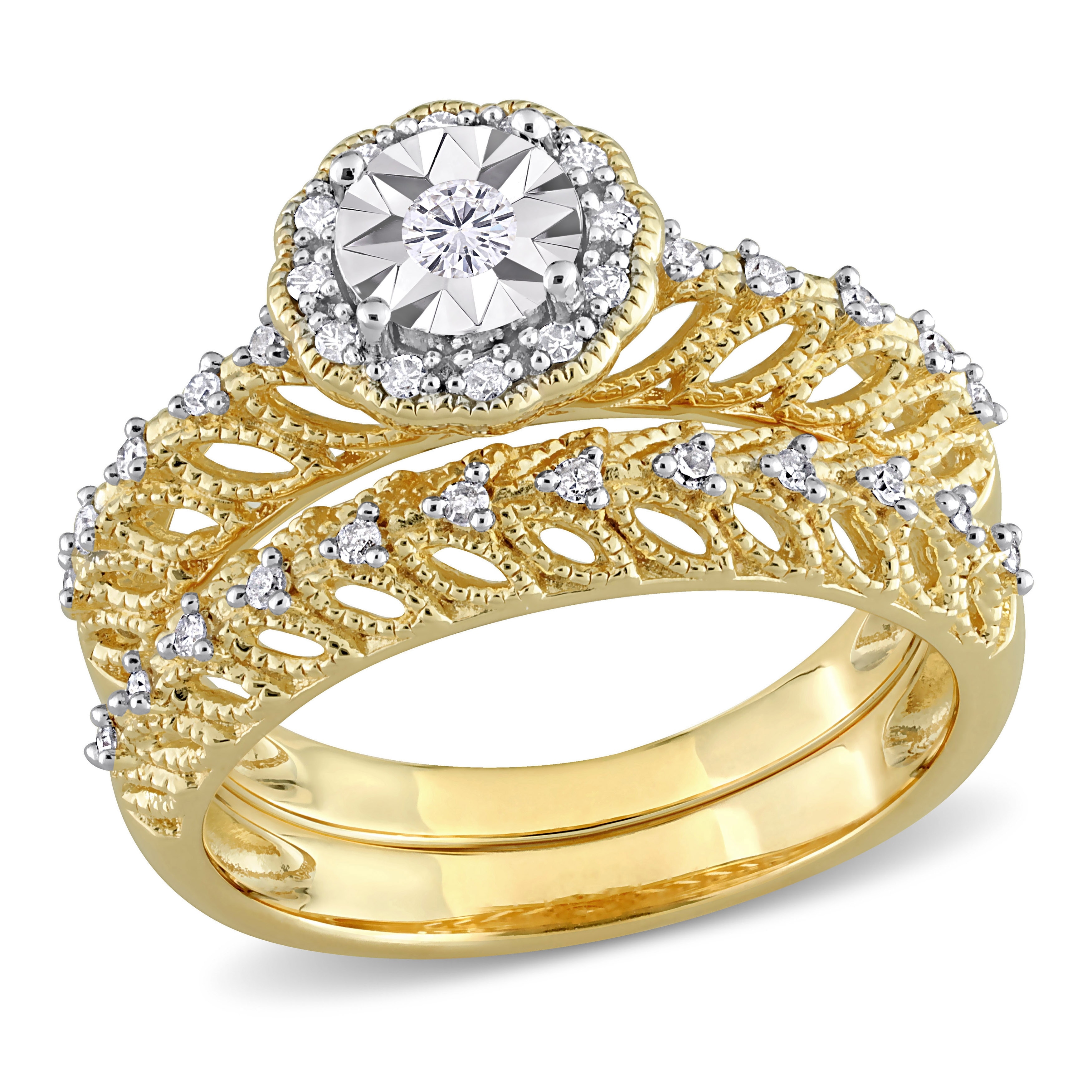 Miadora 1/4ct TDW Diamond Halo Lattice Bridal Ring Set in TDWo-Tone Yellow and White Sterling Silver