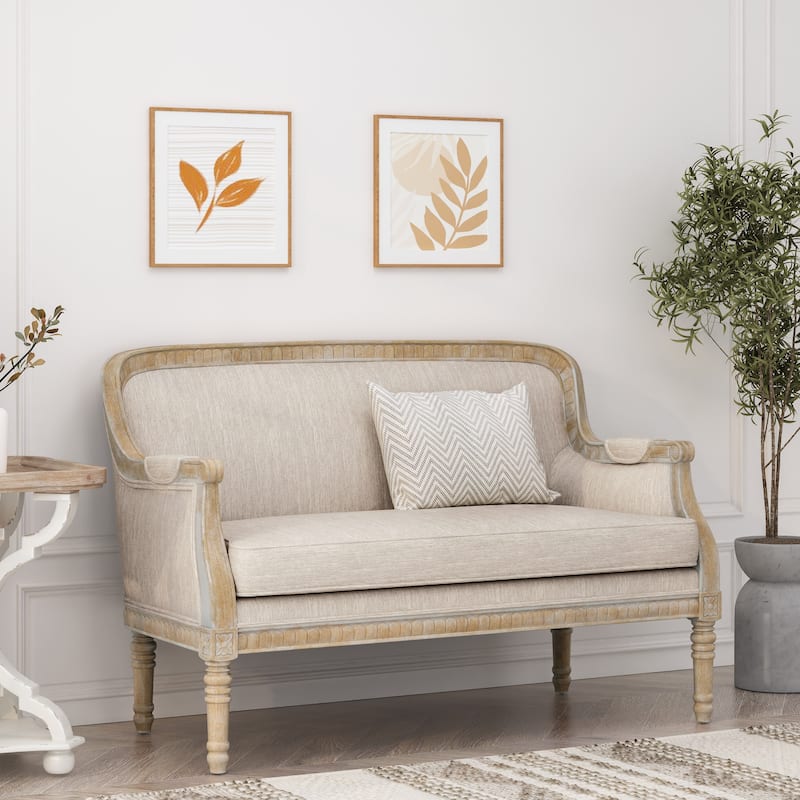 Beige Brown Wood Loveseat Sofa with Rubber Wood Frame