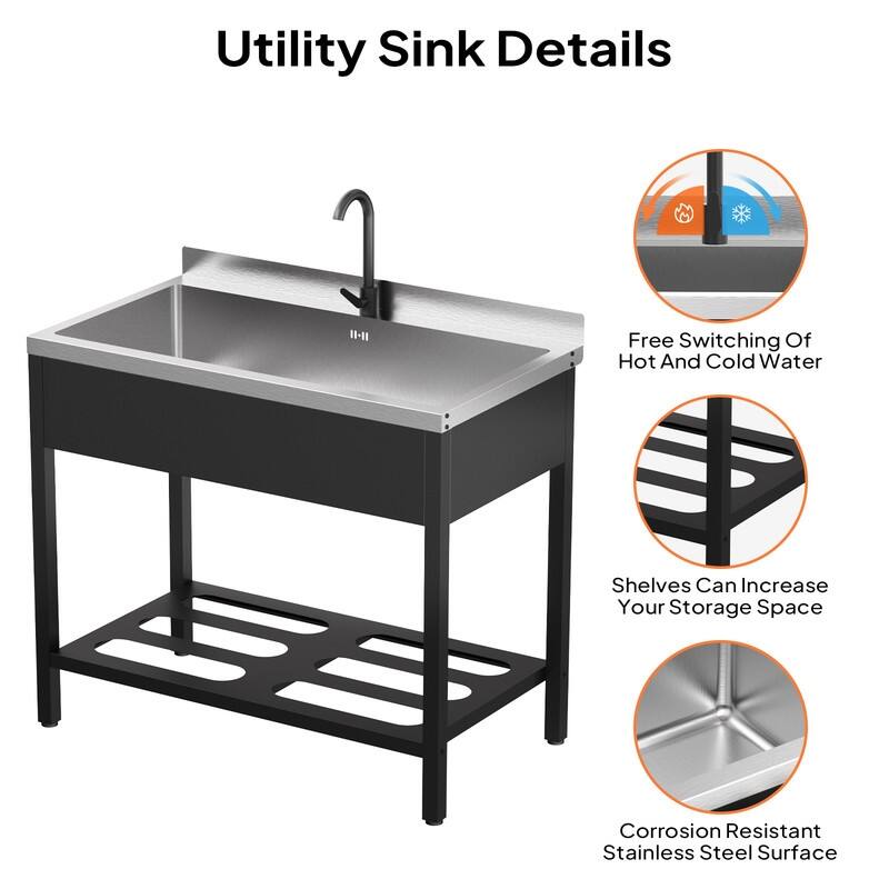 41.7 In. Freestanding Stainless Steel Utility Sink With Towel Rack And Storage Shelf
