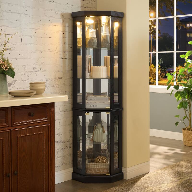 Lighted Corner Curio Cabinet - Display Case for Living Room, Antique Collectibles, Wine & Bar Glass Storage