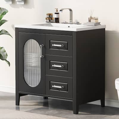 30" Bathroom Vanity with Sink, Bathroom Vanity Cabinet with Two Drawers and Door, Adjustable Shelf, Solid Wood and MDF, Black