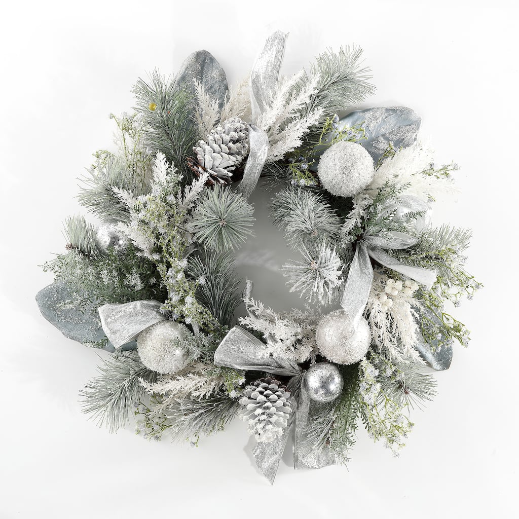 SAFAVIEH Milagros Faux 26 Inch Frosted Pine Wreath with Ornaments - Silver/Green - 26" W x 28" D x 6" H - 26Wx28Dx6H