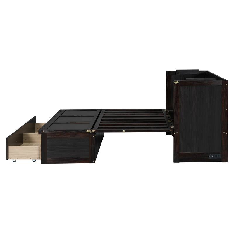Space-Saving Full Size Murphy Bed with USB Port and Large Drawer, Espresso Finish