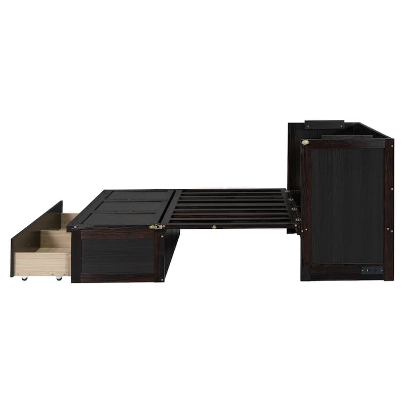 Wood Murphy Chest Bed Frame with Drawer and Charging Station, Space Saving Hidden Folding Cabinet Bed