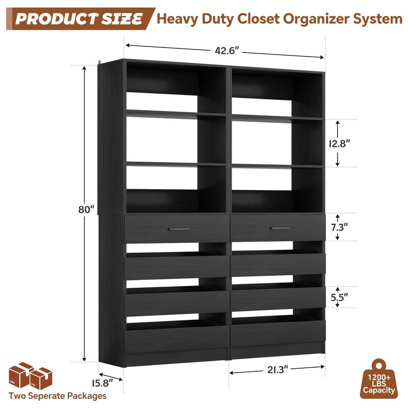 21.3'' W Closet System with 4 Wooden Drawers, 1.78FT Walk-in Closet Organizer Wardrobe with Adjustable Open Shelves