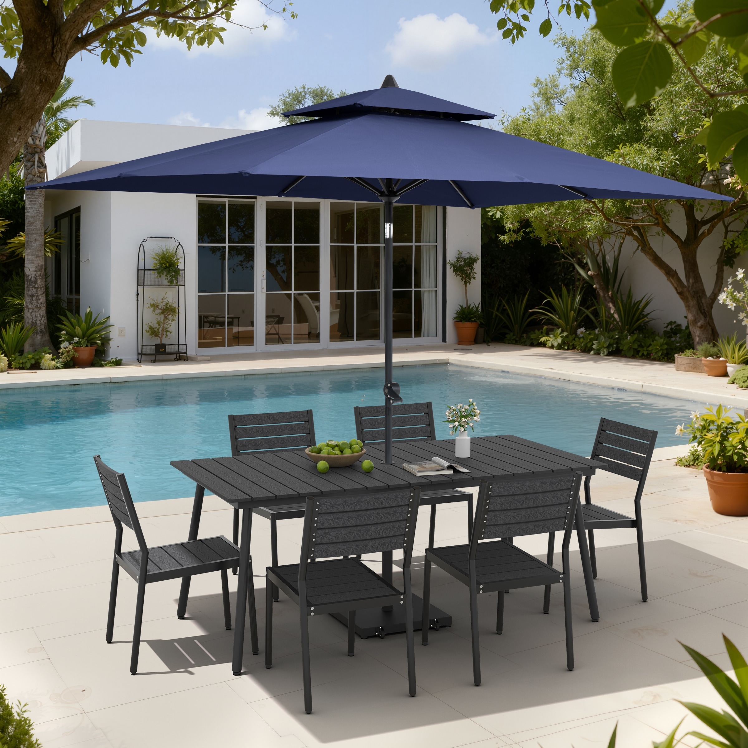 9-Piece Outdoor Patio Dining Set Aluminum Table and 8 Stackable Chairs w/ 10 FT Umbrella with Base