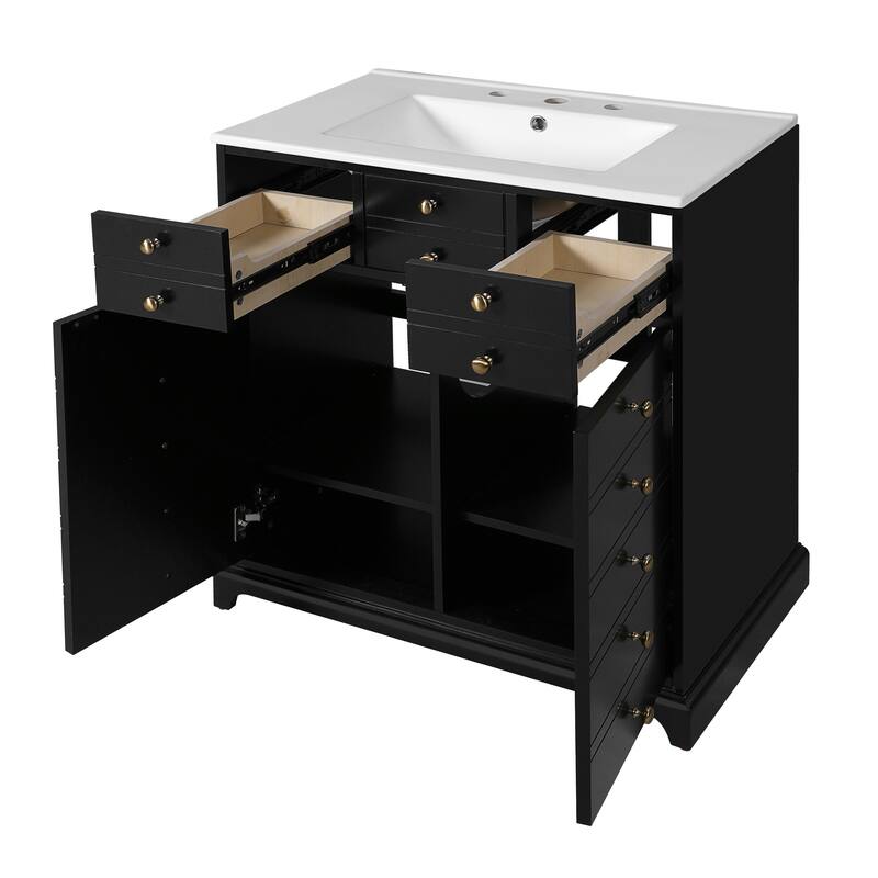 Bathroom Vanity with Ceramic Sink Combo,Solid Wood Frame,Freestanding Vanity Set with 2 Drawers& Soft Closing Doors