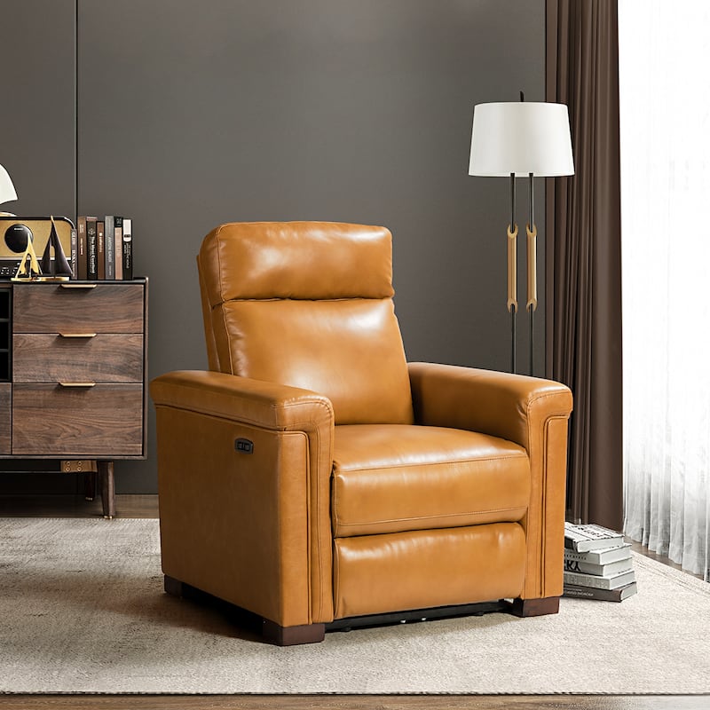 Alicia 34.65" Wide Contemporary Classic Genuine Leather Power Recliner With USB Port - CAMEL