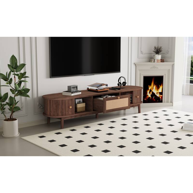 Anmytek 75 Inch Modern TV Stand Media Console Rattan Front Drawer 1 Drawer 2 Sliding Door Cabinets TV Cabinet