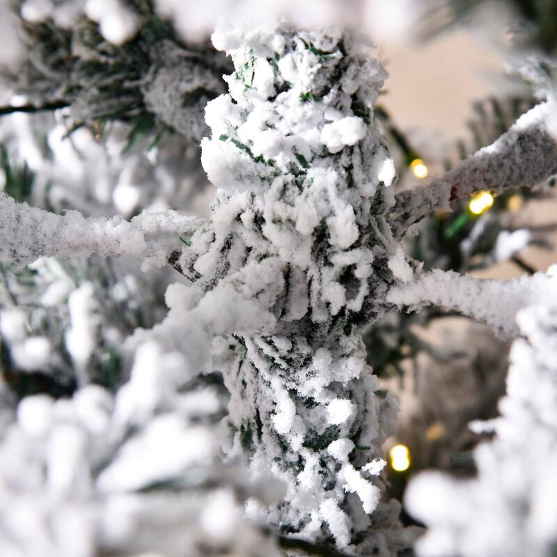 Pre-Lit Snow Flocked Artificial Christmas Tree with Warm LED Lights and Steel Base, Multiple Heights