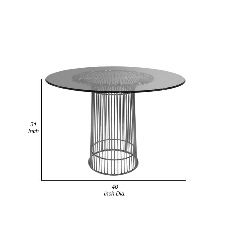 Pima 40 Inch Dining Table, Round Tempered Glass Top, Open Padestal Base