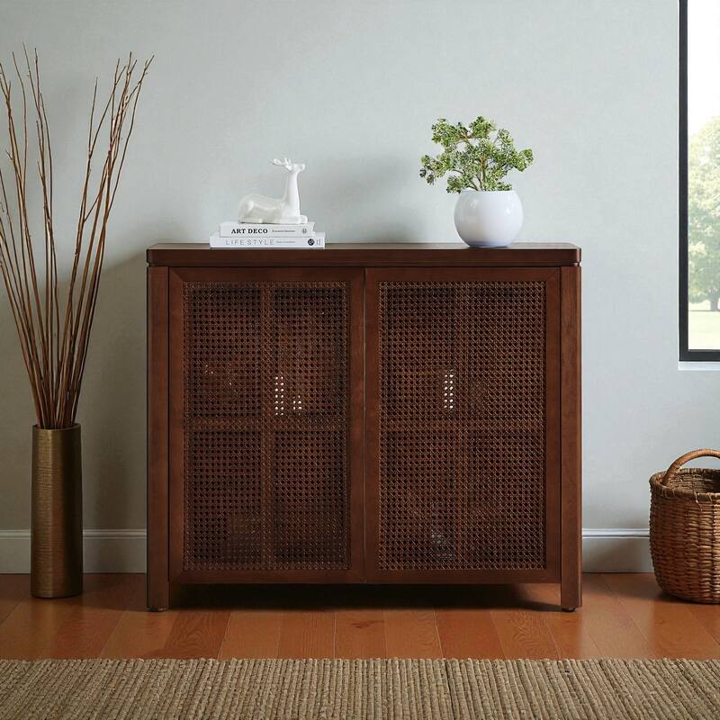 39.4" Mid-Century Modern Rattan Sideboard Buffet Cabinet with Outlet Holes, Retro Credenza Storage