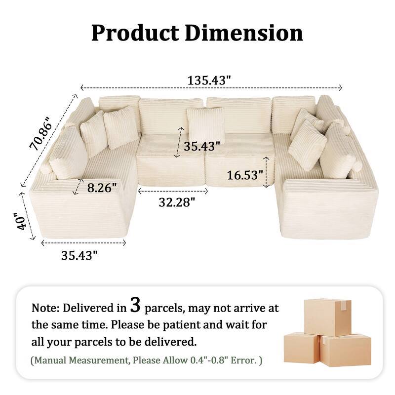 135.5 Inch U Shaped Modular Sectional Sofa, 6 Seat Corduroy Chaise Couch with Reversible Layout