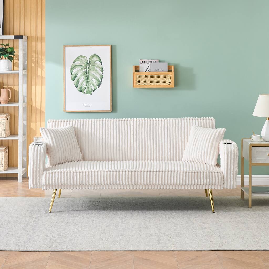 Straight-Row Corduroy Sofa With Throw Pillows, Featuring A Minimalist Style