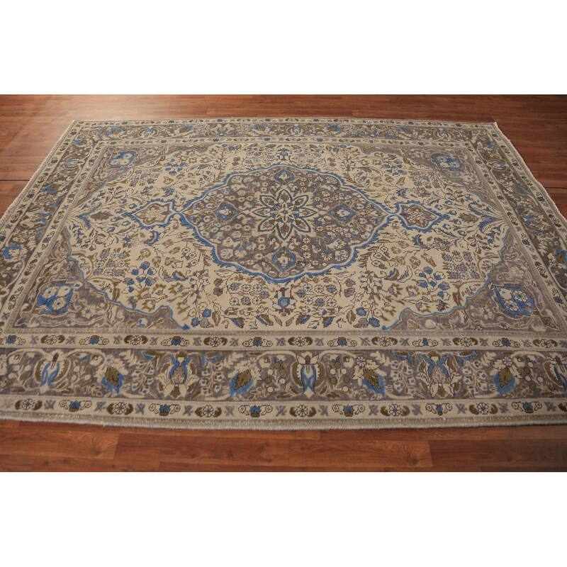 Floral Tabriz Persian Area Rug Beige Hand-Knotted Wool Carpet - 6'8"x 9'6"