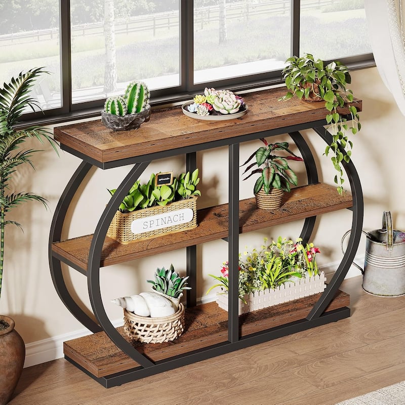 41.3 Inches Brown MDF Entryway Table, 3-Tier Industrial Console Table with Storage for Living Room