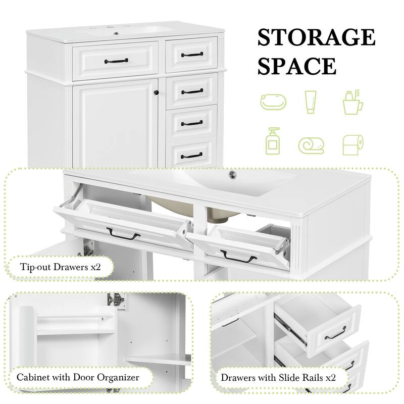 Roomfitters 36" Bathroom Vanity with Sink, Solid Wood Legs, 4 Drawers & Soft-Close Door with Storage Rack