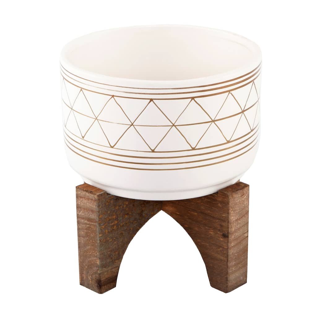 7" White Gold Line Geo Ceramic On Stand