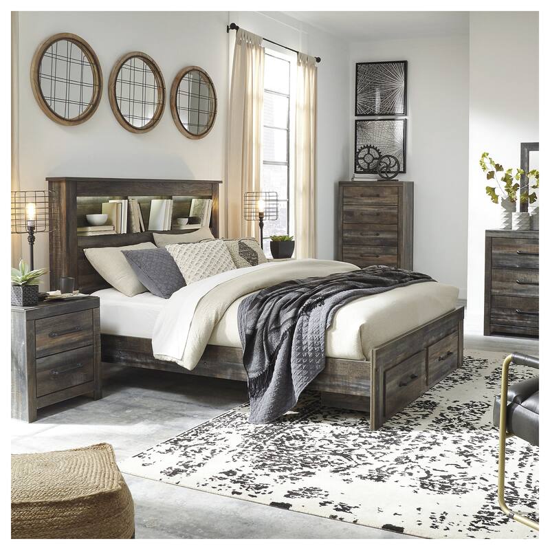 Drystan Rustic Brown Bookcase Bed with Footboard Storage Drawers - Queen