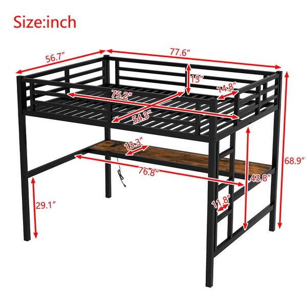 Space-Saving Metal Full Loft Bed with Desk,Power Outlet and LED Lighted