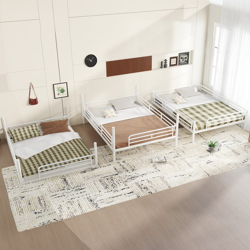 Queen over Queen over Queen Bunk Bed, Metal Triple Bunk Bed with Safety Guardrails, Bunk Bed with Noise-reduced Design