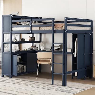 Wood Full Size Loft Bed Frame with Cabinet, Bookshelf and Wardrobe