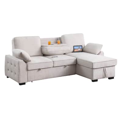 Ken Sectional Sofa Bed Sleeper w Storage Chaise, USB, Beige Chenille