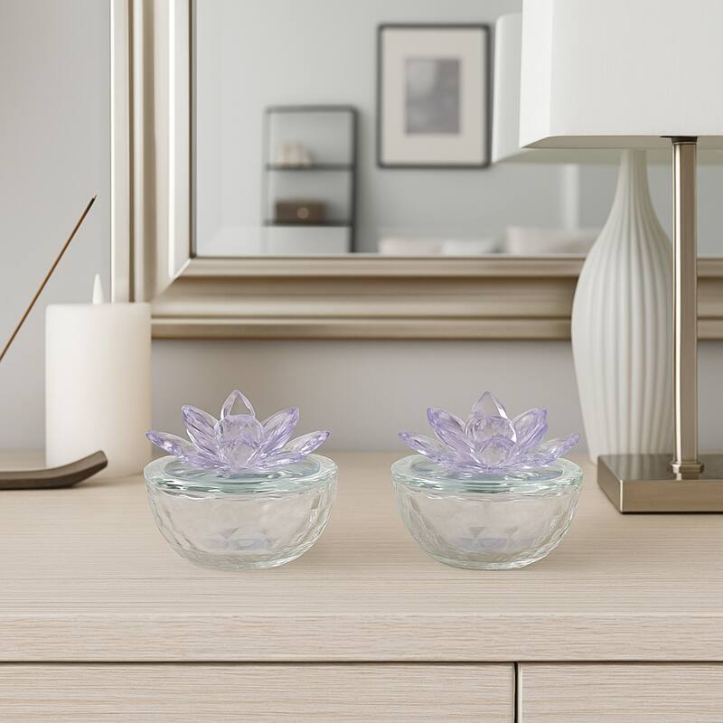 Glass Decorative Boxes Lotus Lids Textured Modern Style (Set of 2) - Purple - 4.0"