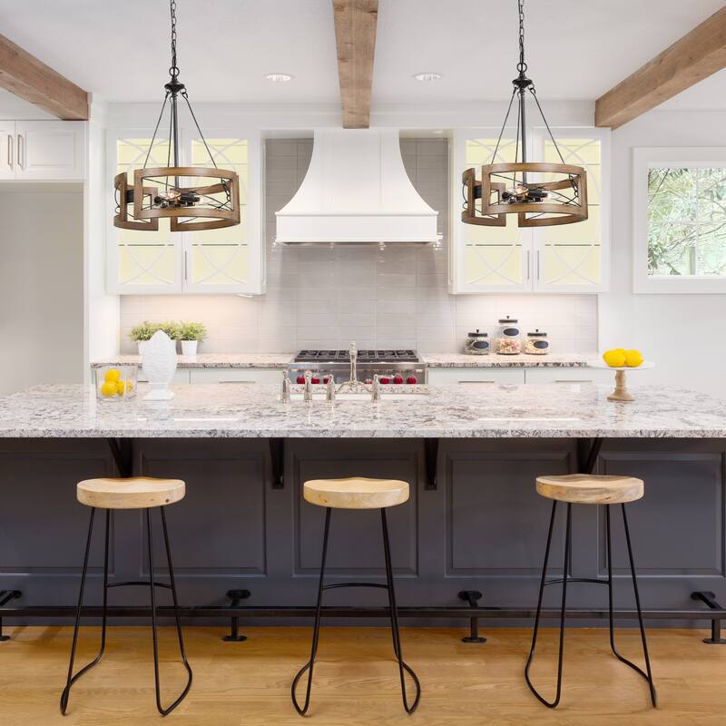 Modern Farmhouse 3-Light Drum Chandelier with Wood Grain for Dining Room - D15.5" * H 20.5"