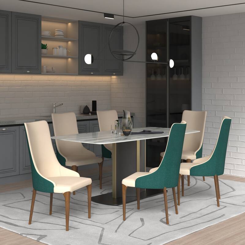 7-Piece Dining Set with 55-Inch Sintered Stone Dining Table and 6 Velvet/Leather Accent Side Chairs