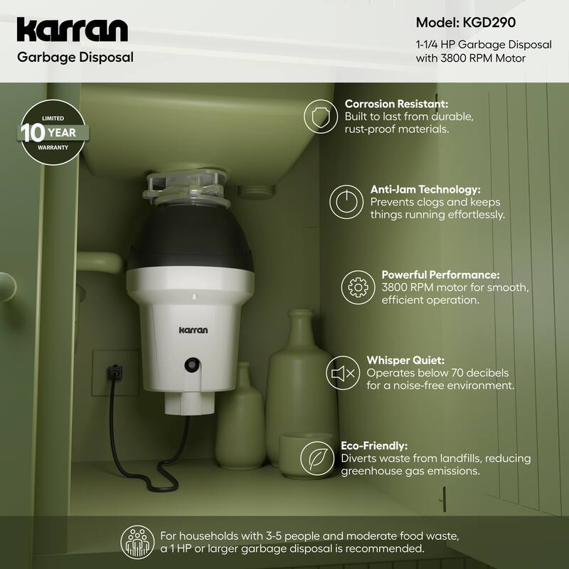 Karran USA KGD290 1-1/4 HP Continuous Garbage Disposal