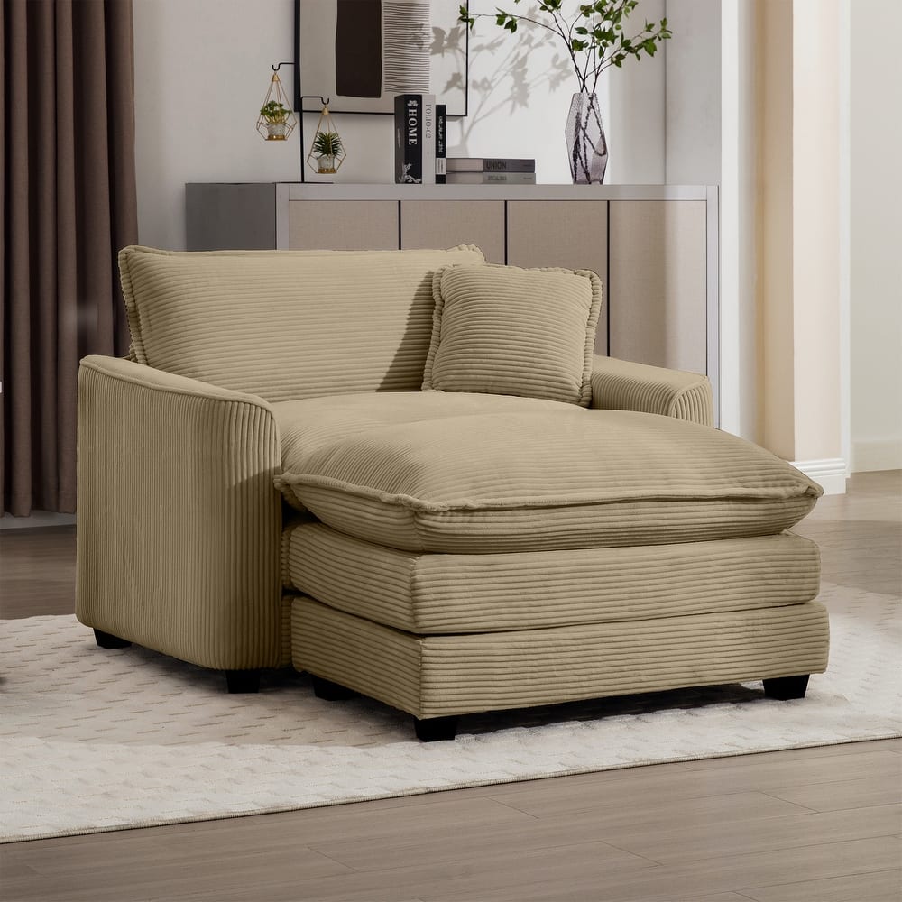 Corduroy Fabric Deep Seat Sofa with Ottoman, Single Deep Seat Accent Sofa Chair with Pillow for Livingroom