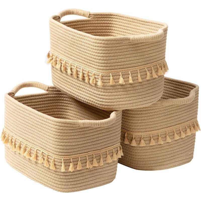 Woven Storage Bin Set of 3, Cotton Rope Basket for Storage - 14.56"D x 6.69"W x 10.63"H - Jute
