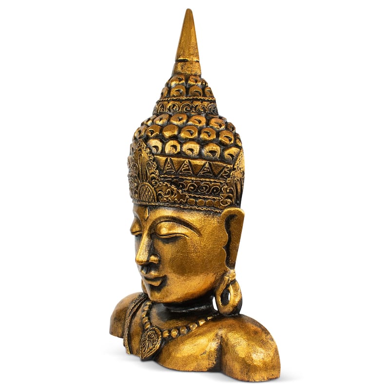 19" Gold Buddha Bust Hand Finished Decorative Sculpture, Zen Spiritual Home Accent