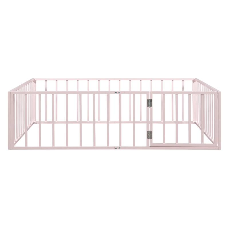 Metal Floor Bed Frame with Fence and Door for Kids' Bedroom