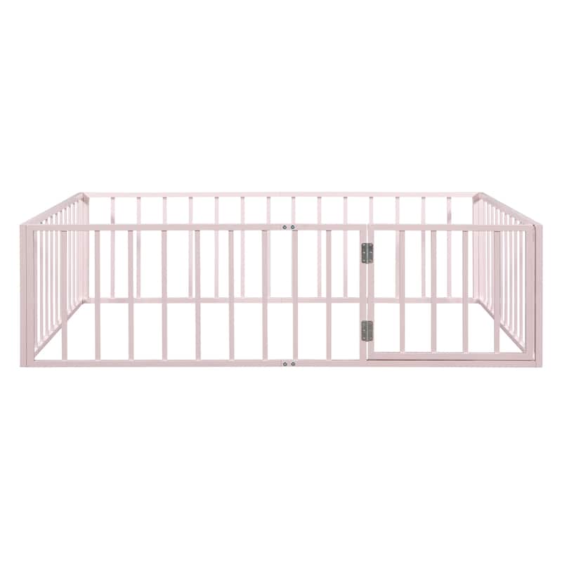 Pink Full Size Metal Floor Bed Frame with Fence and Door for Kids
