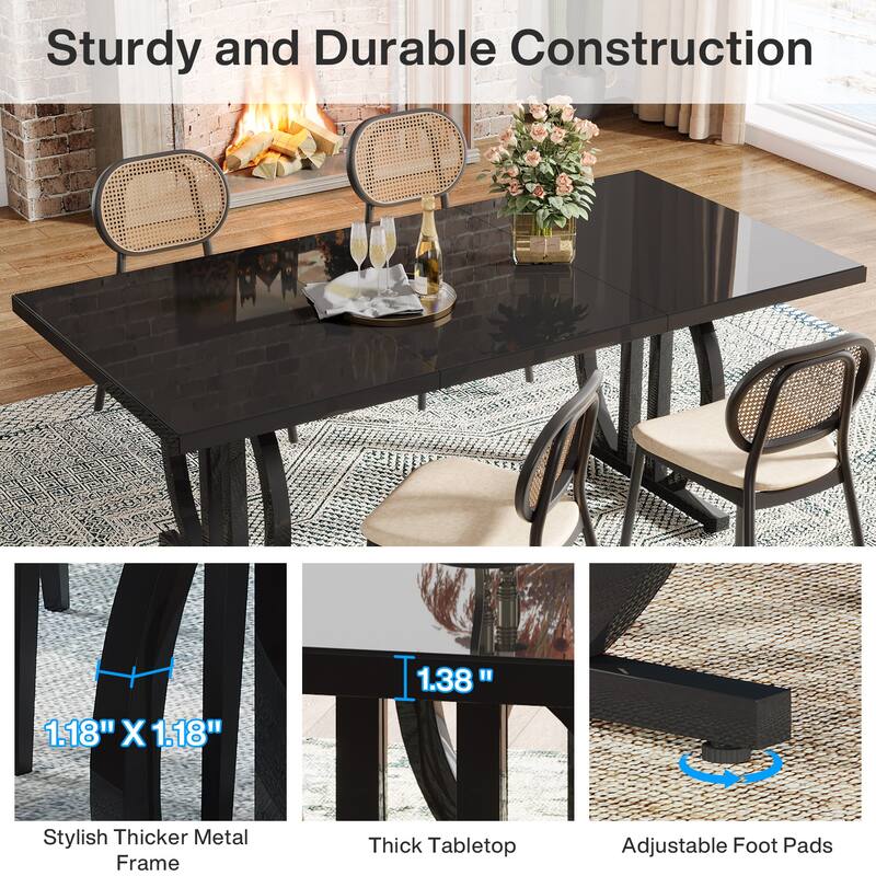 63-Inch Modern Dining Table for 6 People, Black Kitchen Table with Metal Frame - 63" L x 31.5" W x 29.53" H