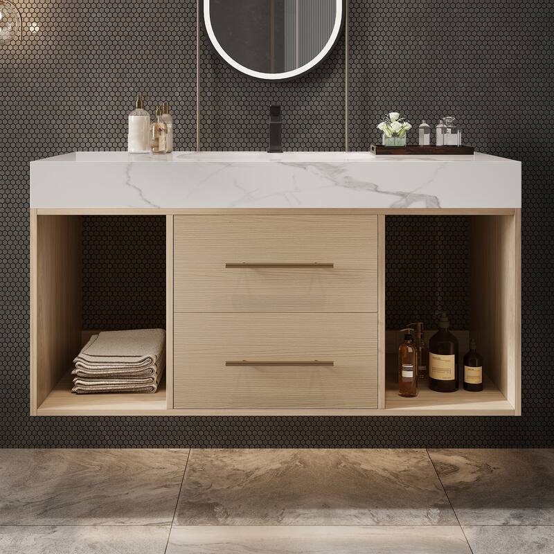 39.4"Floating Bathroom Vanity with Ceramic sink,Wall Mounted Vanity 2 Soft Close Drawer and white Slate top