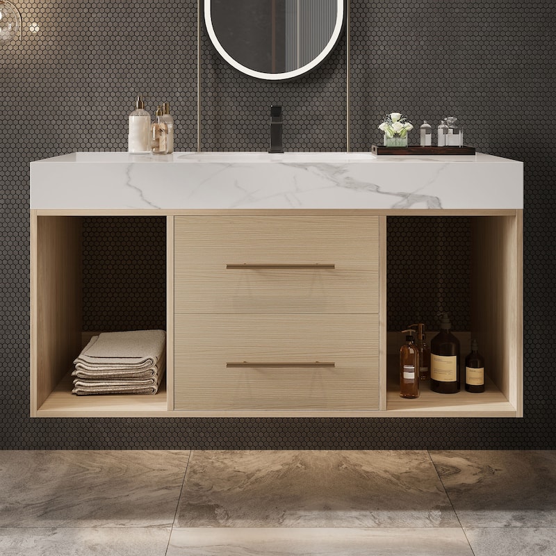 GDFStudio - Modern 39.4" Wall Mounted Floating Sintered Stone Bathroom Vanity with Seamless Ceramic Sink & Soft-Close Drawers - Light Brown Cabinet - White Sink