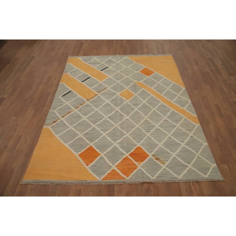 Hand Woven Oriental 100% Wool Carpet Southwestern Modern Greys & Charcoal Kilim Area Rug - 6' 6'' X 5' 1''