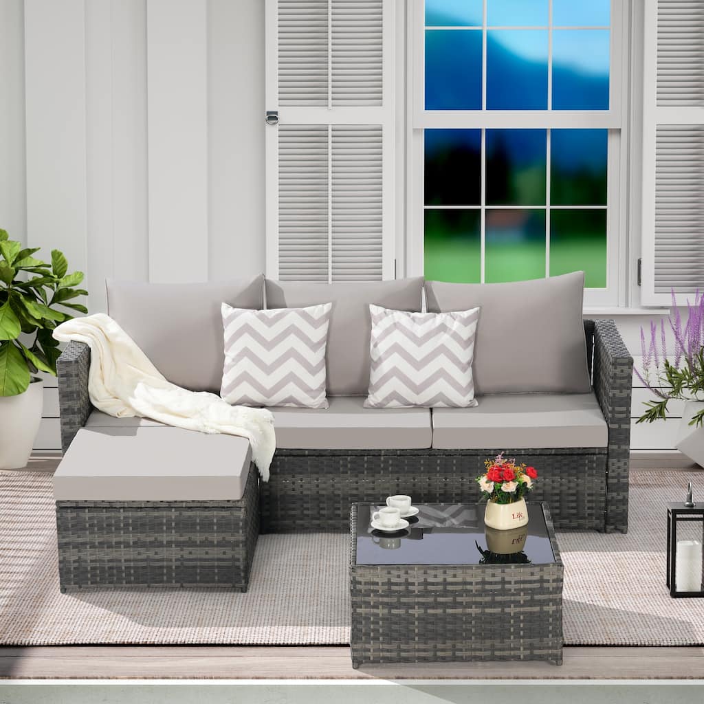 Wicker Conversation Set with Ottoman and Detachable Lounger, 2 Pieces Sectional Sleeper Couches for Backyard Poolside