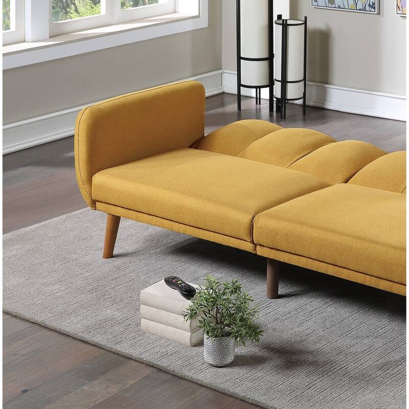 Mustard Color Polyfiber Convertible Sofa with Wooden Legs