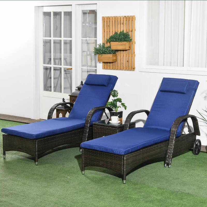 3PCS Wicker Chaise Lounge Set,Adjustable Rattan Chairs,Cushions,Table