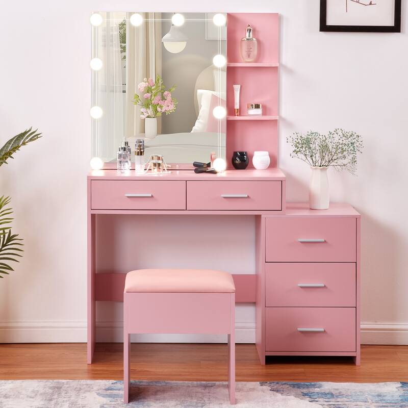 Pink Dressing Table Set with Sliding Mirror Cabinet 5 Drawers and Shelves Lighted Mirror