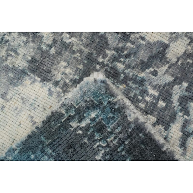 Hand Knotted Oriental Viscose Silk Carpet Modern Pictorial Navy Blue & Blues Abstract Area Rug - 7' 5'' X 5' 3''