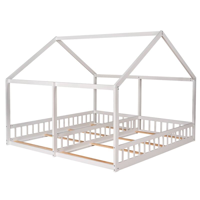 Twin House-Shaped Platform Beds, Space-Saving Design, Solid Pine Wood Frame