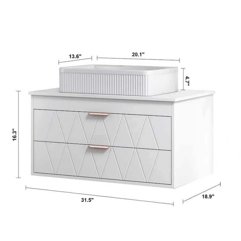 Wall-mounted Bathroom Vanity with Vertical Textured Ceramic Sink, Drawers with Diamond-patterned Design and Rose Gold Handles