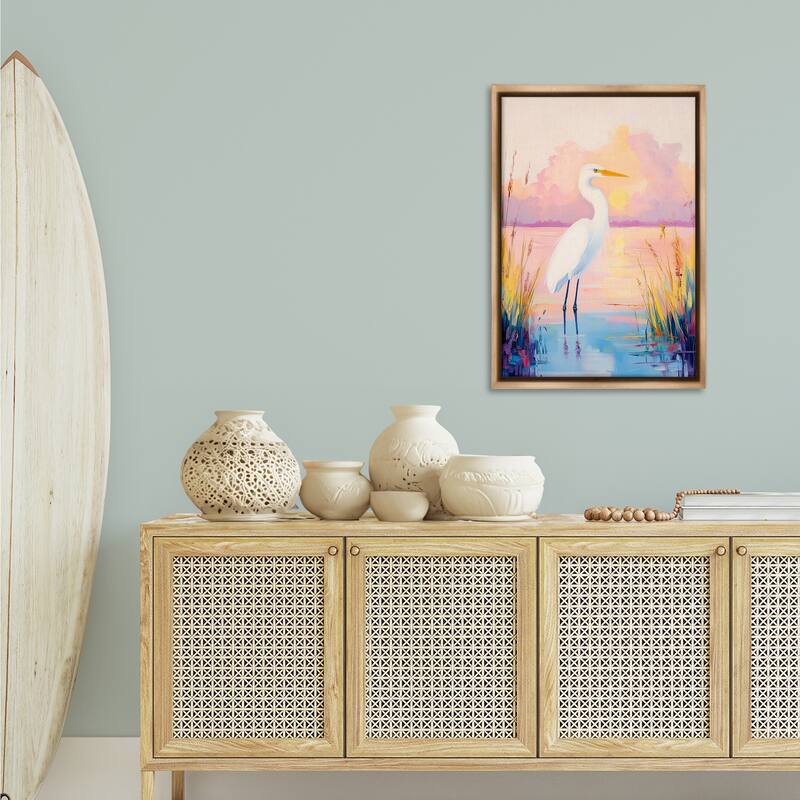 Stupell Egret under Beaming Sunset Framed Floater Canvas Wall Art Design By Arlington Prints