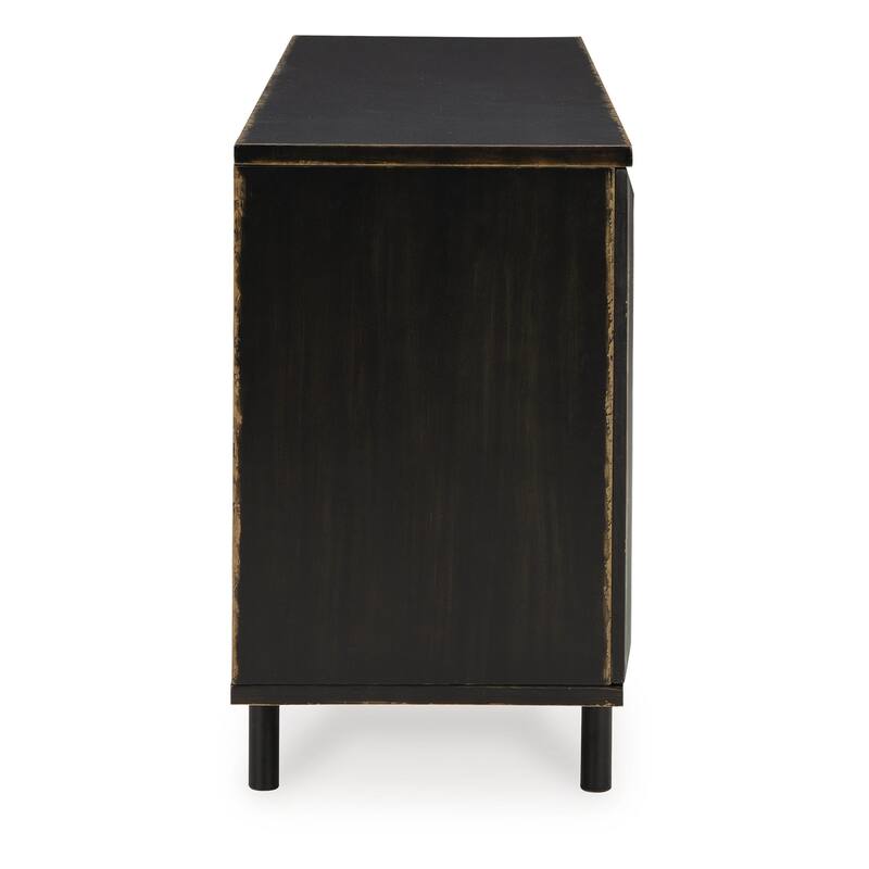 Sideboard Cabinet Console, 72 Inch, 3 Wood w Geometric Inlay, Black