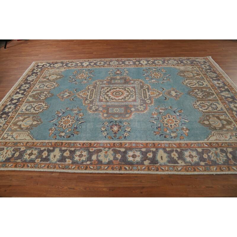 Geometric Blue Tabriz Persian Vintage Rug Hand-Knotted Wool Carpet - 6'7" x 9'7"